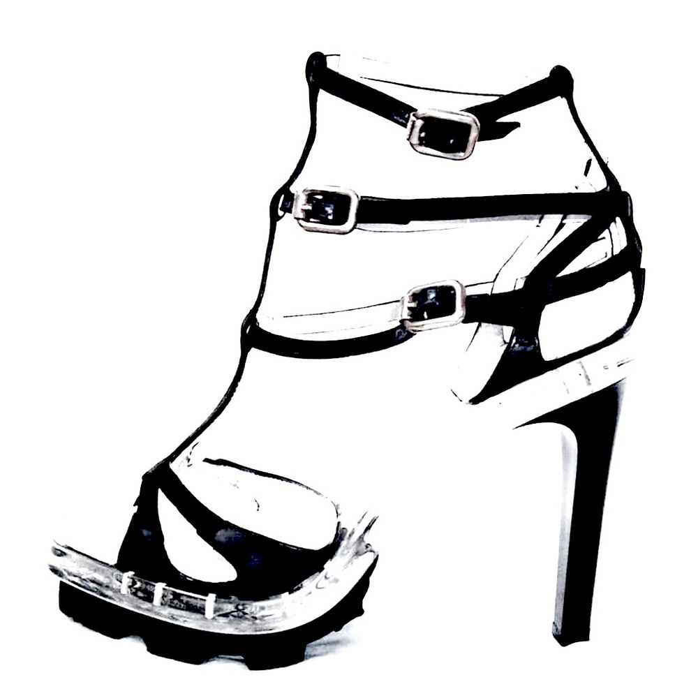Celine Vintage Lucite Acrylic Strappy Silk and Leather Bootie High Heel Platform - Picture 7 of 11
